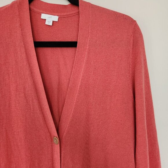 J. Jill Soft Wool Blend Long Coral Salmon Cardigan Sweater Pockets Size Medium - Picture 2 of 6